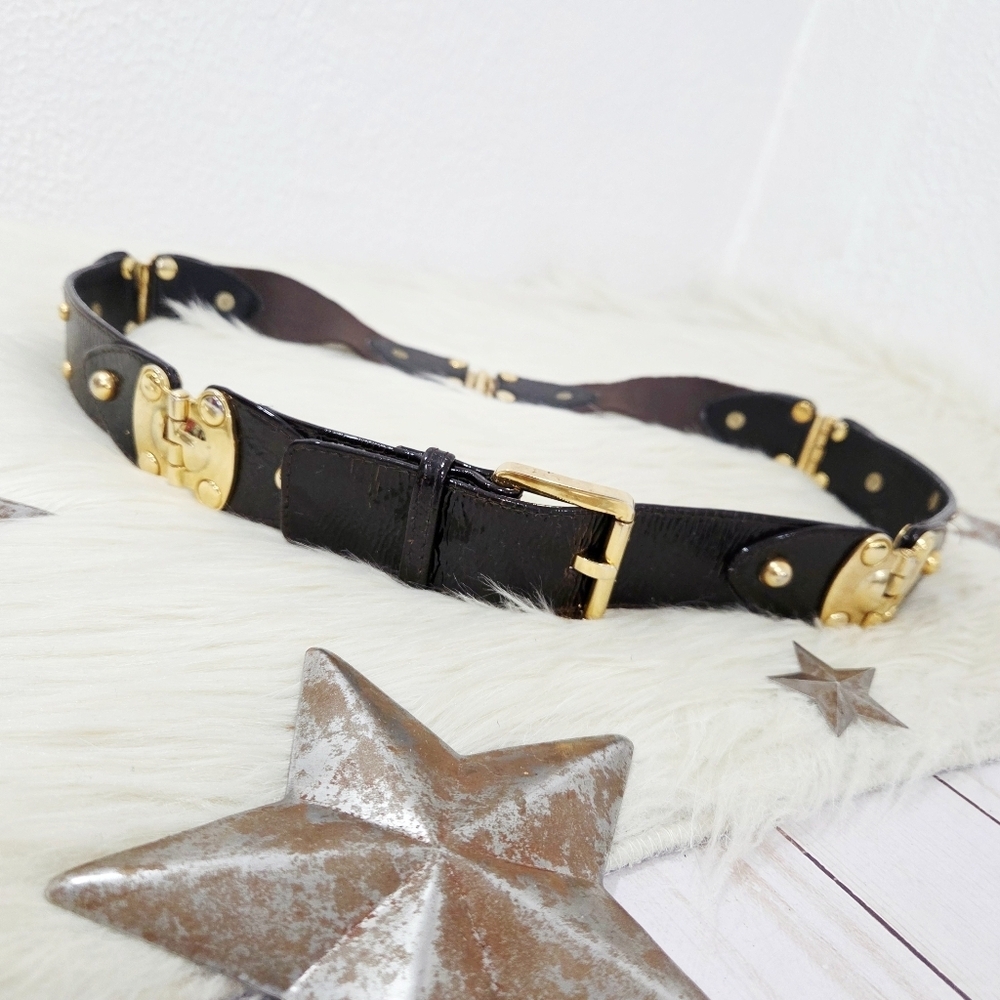 Vintage Suzi Roher Waist Belt Dark Brown Patent Leather Gold Hinge Hardware XL